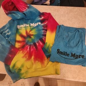 Smile More Tie-Dye Hoodie (Boys 10/12 Med) and Blue Tank Top (Womens xxs) Set